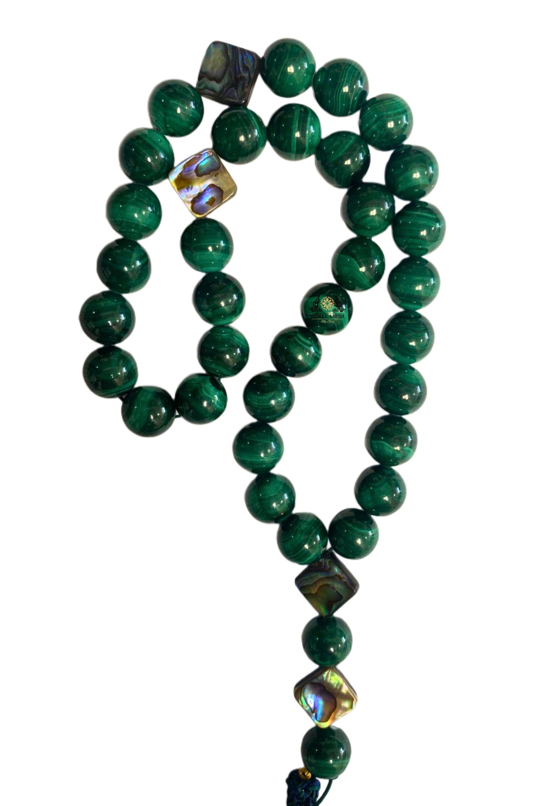 Exclusive Handmade Tasbeeh Design 33 Prayer Bead Genuine Malachite And 4 Sea Shell Clovers With With 100% Cotton Tassel Masbaha - Image 3