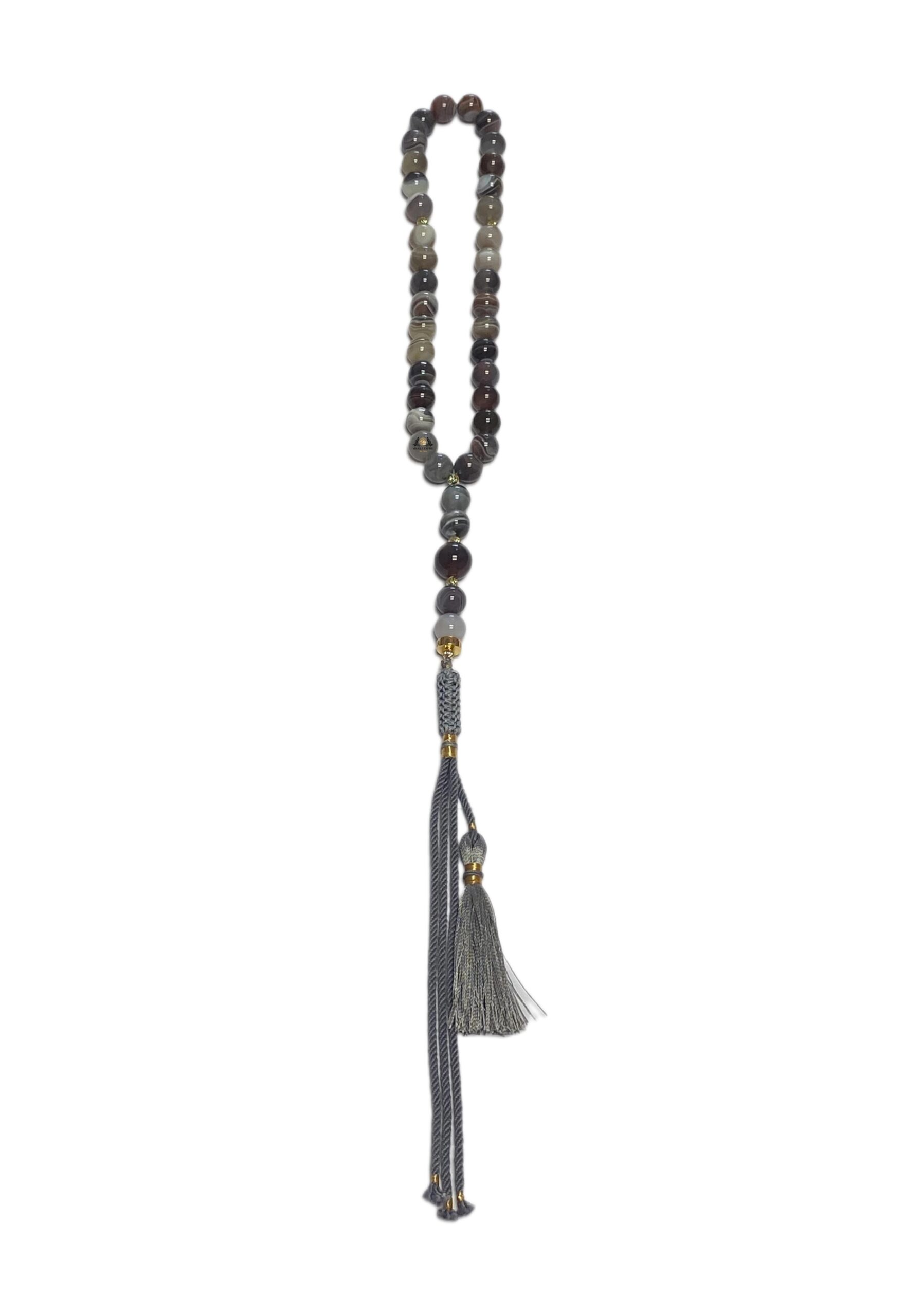 Rare And Unique Design Handmade Masbaha 33 Prayer Bead Genuine Gray Agate Gold Plated Accessories 100% Gray Silk Tassel Tasbih - Image 2