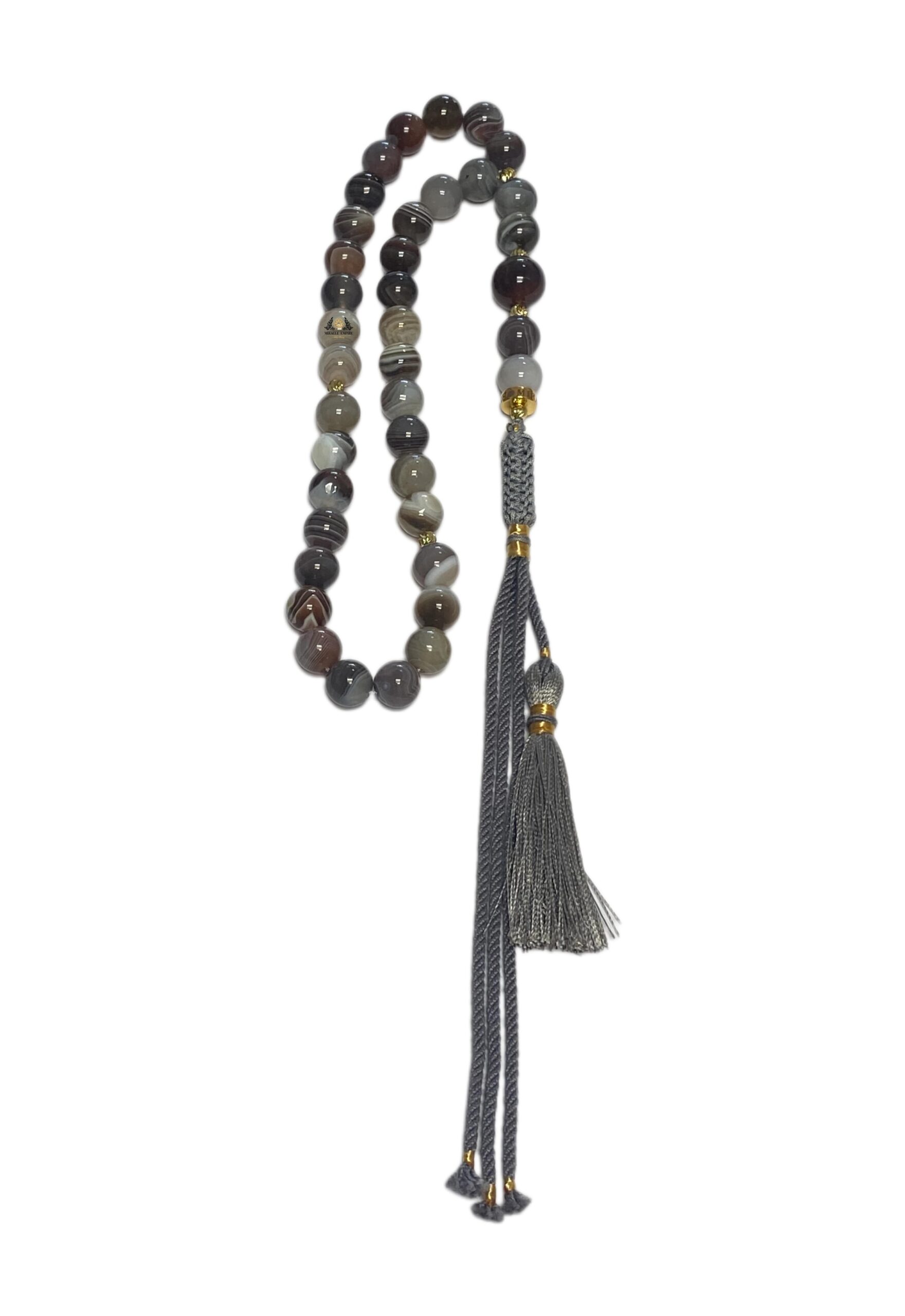 Rare And Unique Design Handmade Masbaha 33 Prayer Bead Genuine Gray Agate Gold Plated Accessories 100% Gray Silk Tassel Tasbih