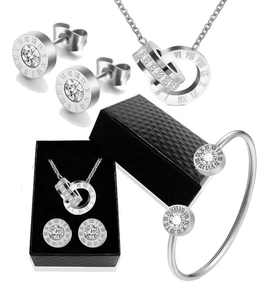 Earrings, Necklace, Bracelet Silver plated and zircons set
